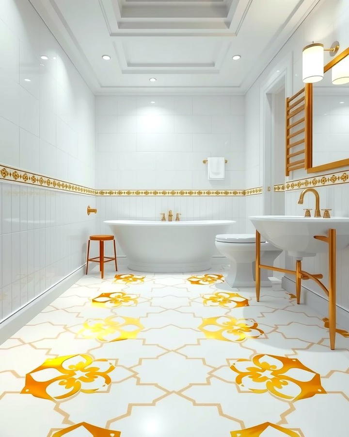 White and Gold Patterned Floor Tiles - 25 White and Gold Bathroom Ideas