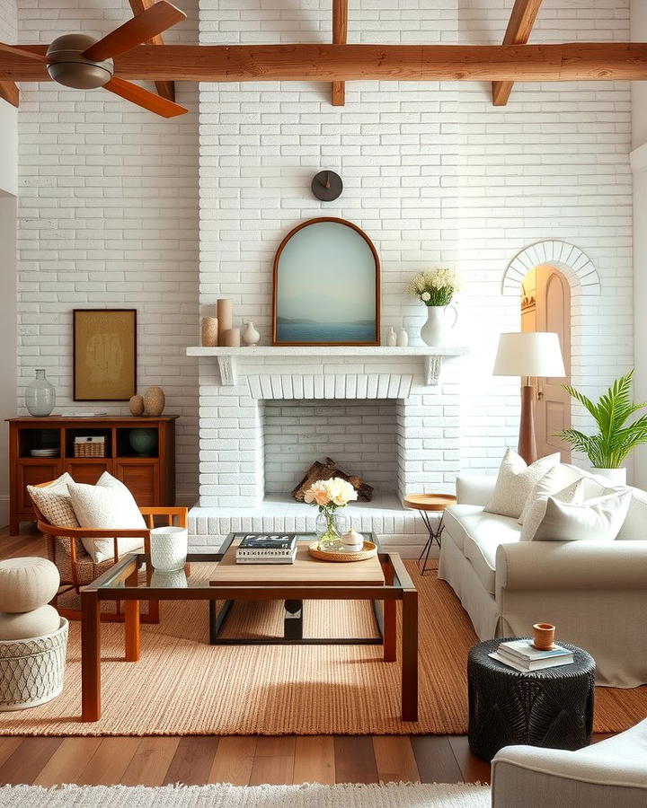 Whitewashed Brick Fireplace for a Softer Look - 25 Rustic Living Room With a Brick Fireplace Ideas