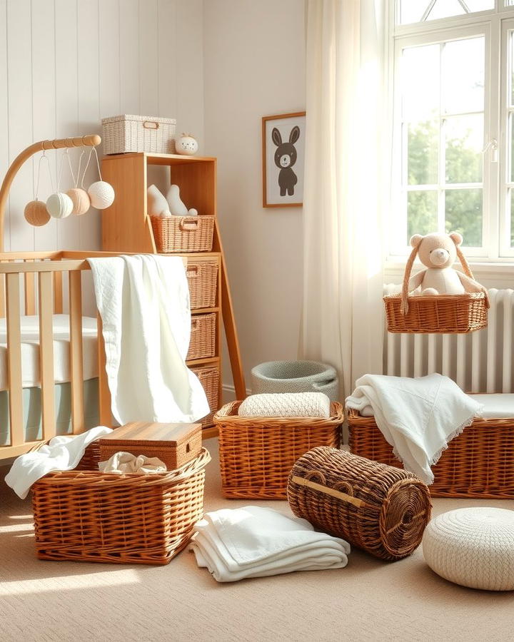 Wicker Baskets for Rustic Charm - 25 Nursery Storage Ideas