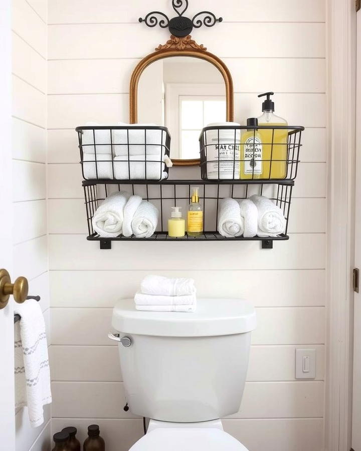 Wire Baskets for a Farmhouse Look - 25 Over Toilet Storage Ideas