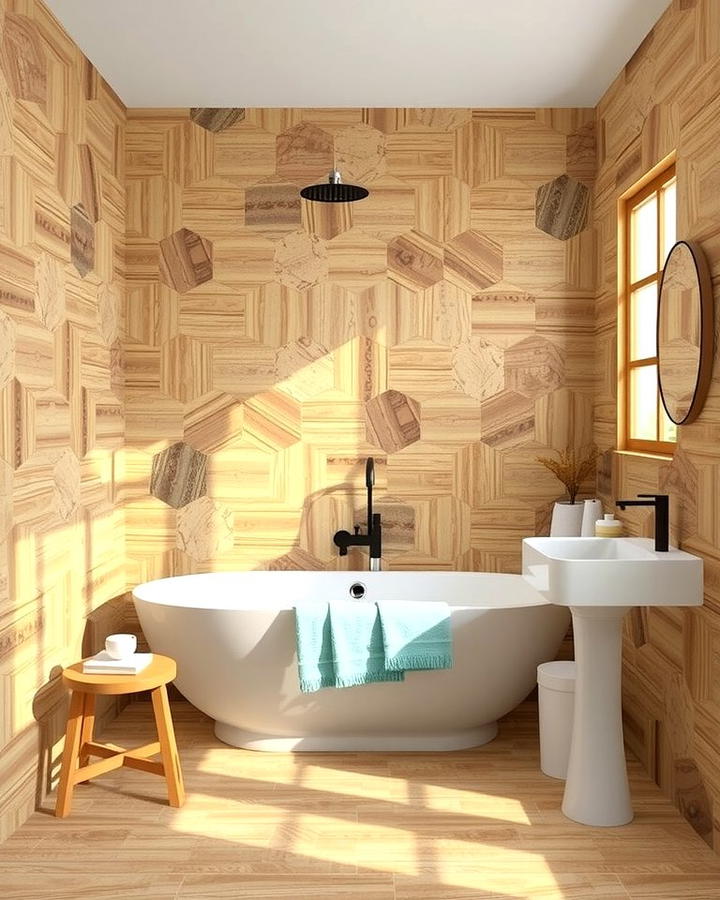 Wood Look Hexagon Tiles for Natural Warmth - 30 Bathrooms With Hexagon Tile Floors