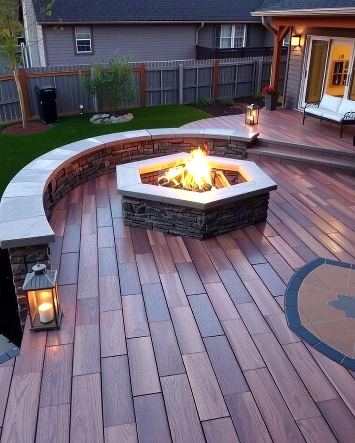 Wood Plank Stamped Concrete with Built In Fire Pit - 25 Stamped Concrete Patio With Fire Pit Ideas