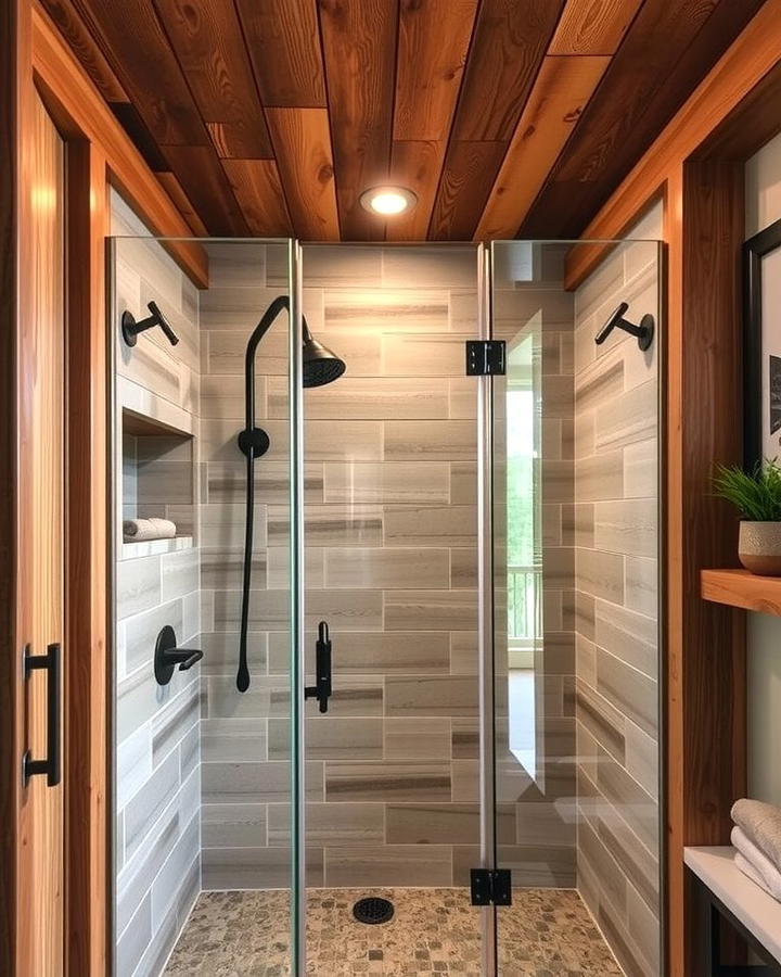 Wooden Accents for Cozy Charm - 25 Rustic Walk-in Shower Ideas