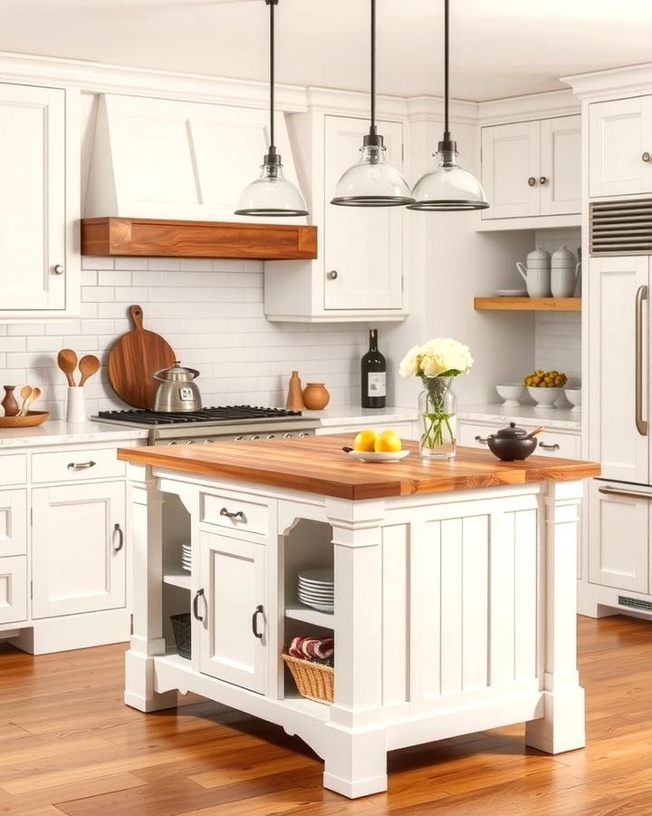 Wooden Kitchen Island - 30 White Farmhouse Kitchen Ideas