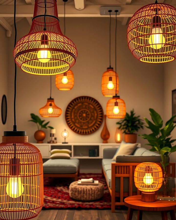 Woven Lighting Fixtures - 25 Moody Boho Living Room Ideas