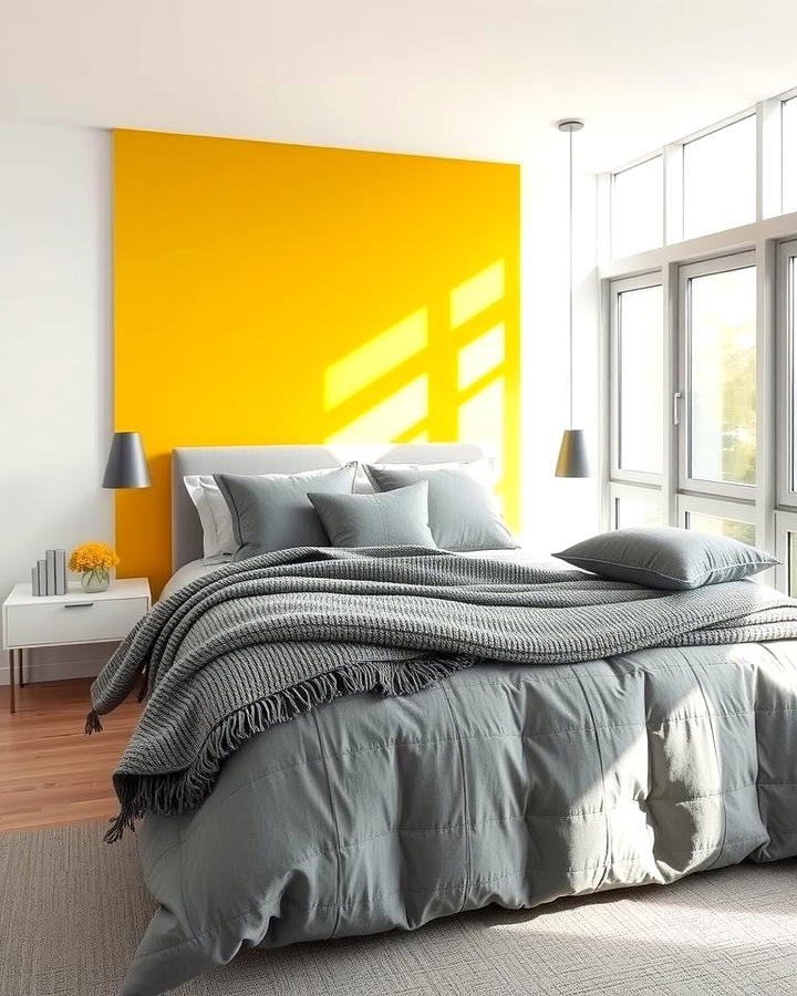 Yellow Accent Wall with Grey Bedding - 25 Yellow and Grey Bedroom Ideas