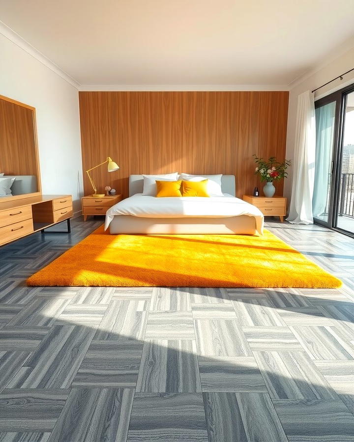 Yellow Area Rug on Grey Flooring - 25 Yellow and Grey Bedroom Ideas