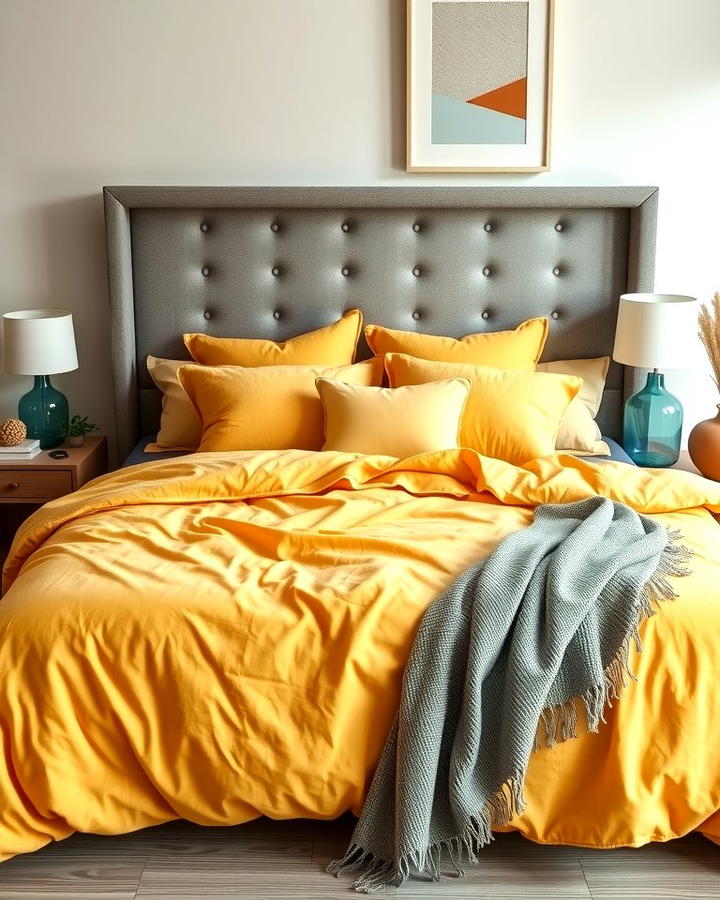 Yellow Bedding on a Grey Headboard - 25 Yellow and Grey Bedroom Ideas
