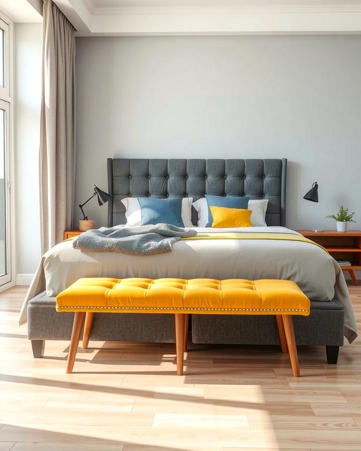 Yellow Bench at the Foot of a Grey Bed - 25 Yellow and Grey Bedroom Ideas