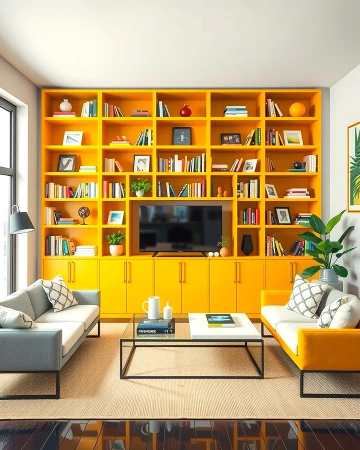 Yellow Bookshelves for a Bold Display - 25 Yellow Living Room Ideas