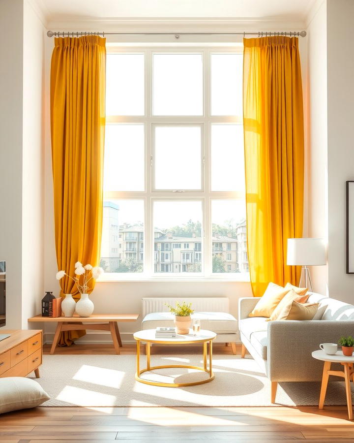 Yellow Curtains to Frame Natural Light - 25 Yellow Living Room Ideas