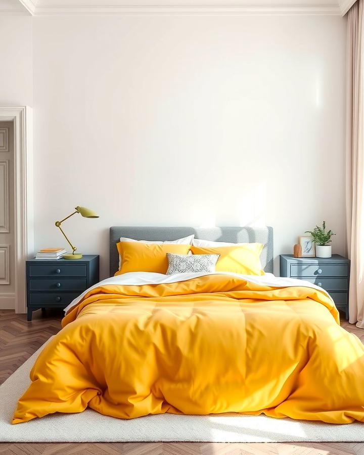 Yellow Duvet with Grey Nightstands - 25 Yellow and Grey Bedroom Ideas