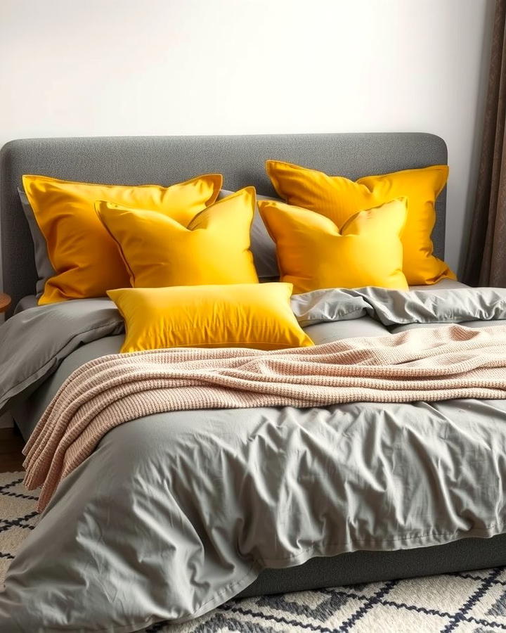 Yellow Throw Pillows on Grey Bedding - 25 Yellow and Grey Bedroom Ideas