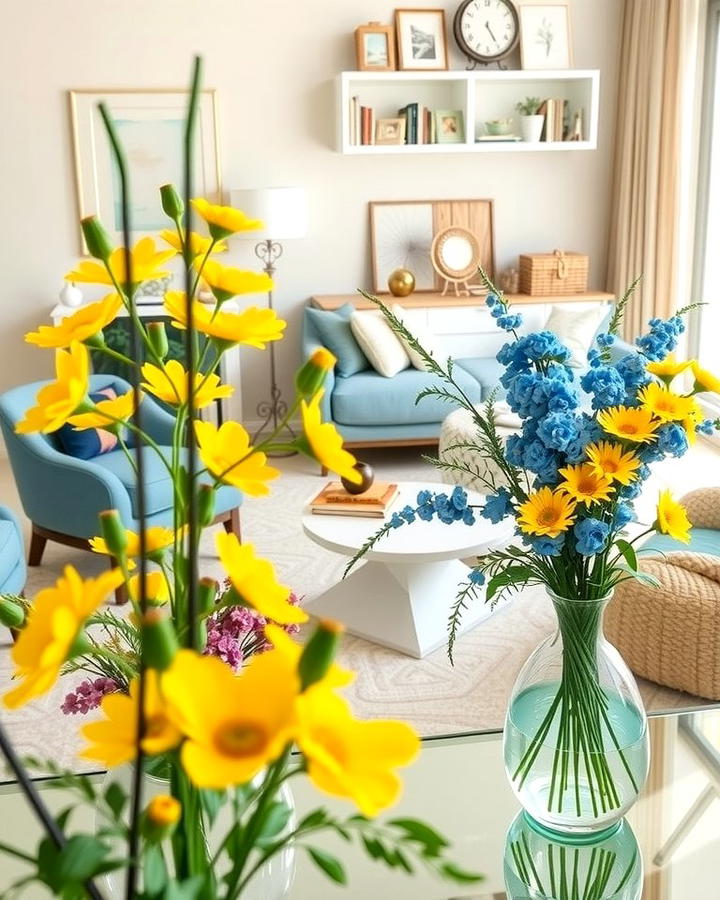 Yellow and Blue Floral Arrangements - 25 Yellow and Blue Living Room Ideas