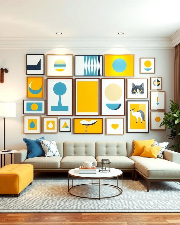 Yellow and Blue Gallery Wall - 25 Yellow and Blue Living Room Ideas