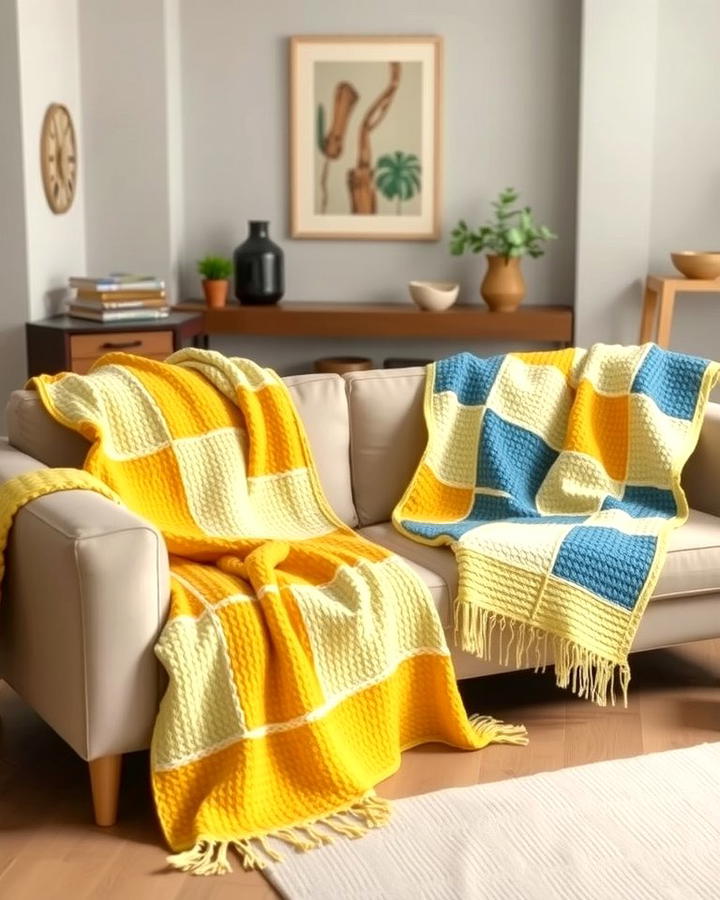 Yellow and Blue Patchwork Throws - 25 Yellow and Blue Living Room Ideas