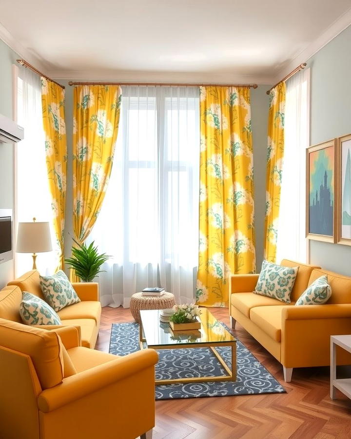 Yellow and Blue Printed Curtains - 25 Yellow and Blue Living Room Ideas