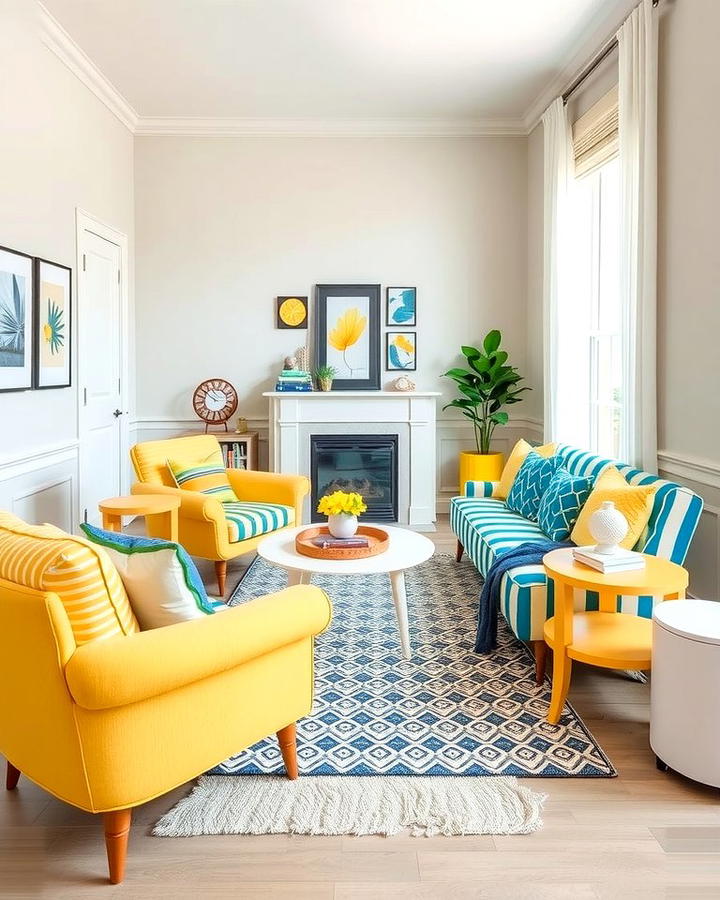 Yellow and Blue Striped Upholstery - 25 Yellow and Blue Living Room Ideas