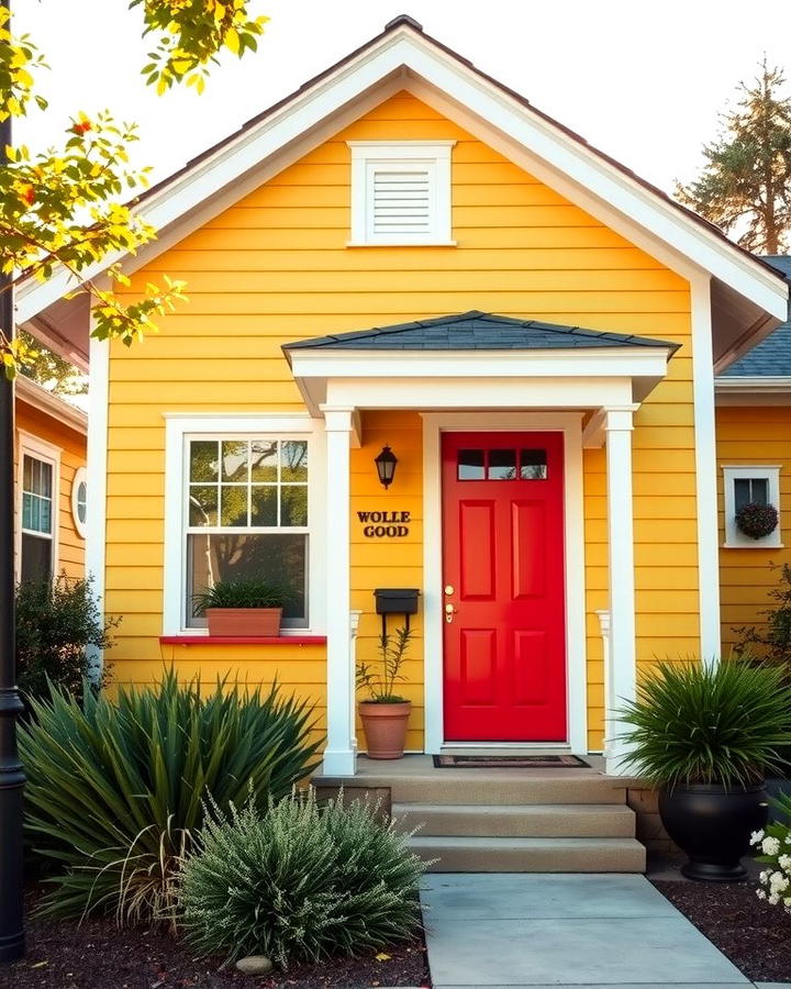 Yellow with Contrasting Red Door - 25 Yellow Exterior Home Ideas