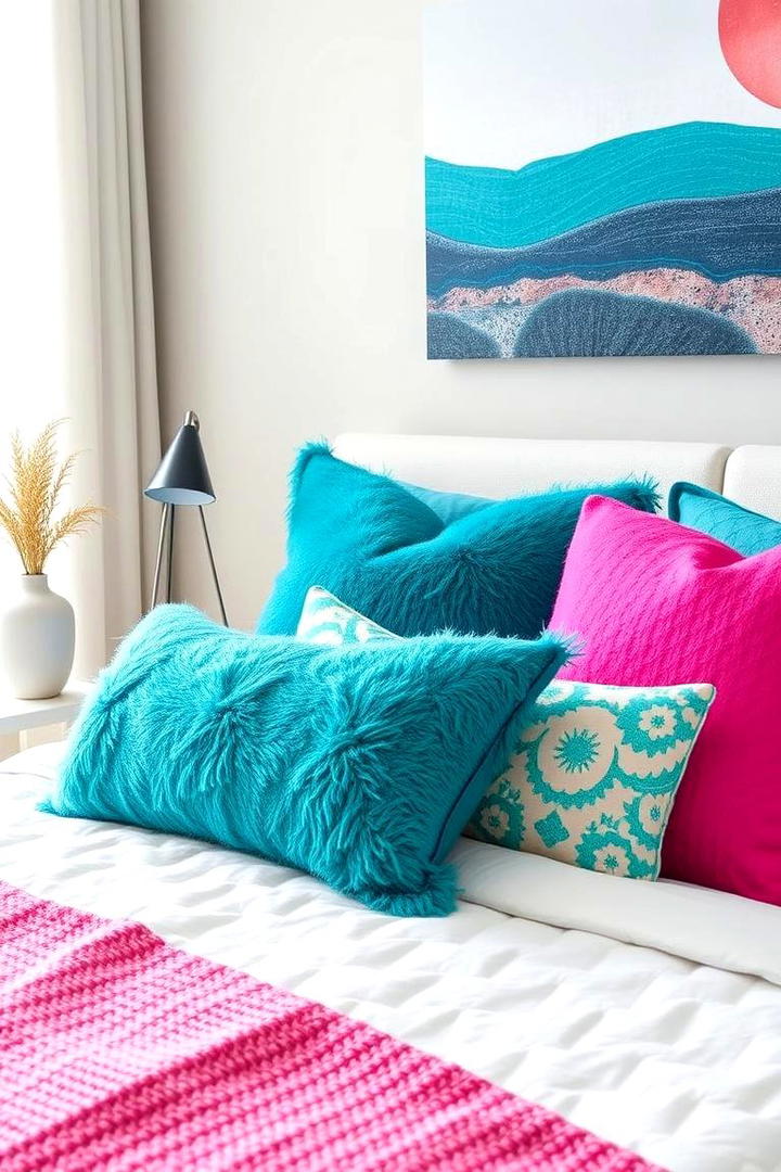 Above Vibrant Teal and Pink Throw Pillows - 30 Teal and Pink Bedroom Ideas