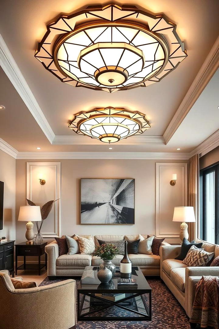 Art Deco Revival Glow - 30 Living Room Ceiling Lighting Ideas