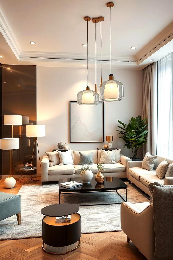 Artful Cream and Gold Layered Lighting - 30 Cream and Gold Living Room Ideas