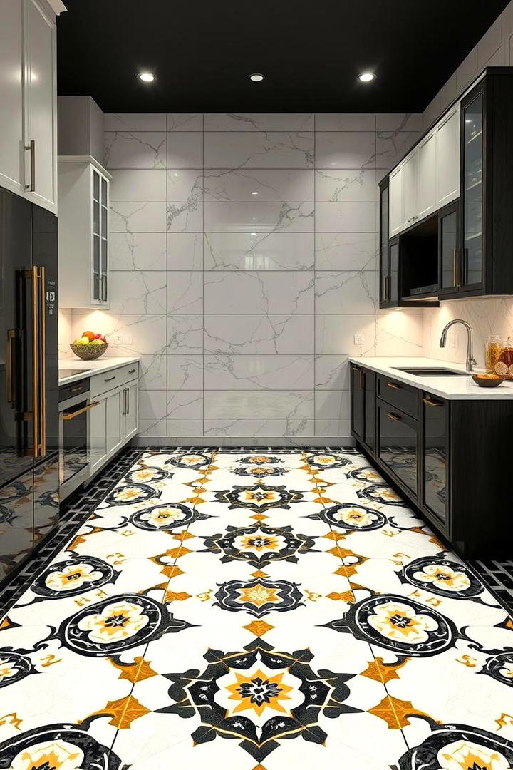 Artful Floor Patterns - 30 black white and gold kitchen ideas