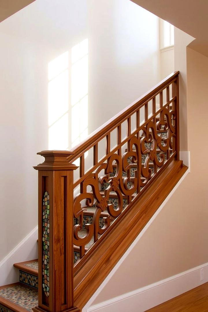 Artistic Mosaic Wood Railing - 30 Wood Stair Railing Ideas