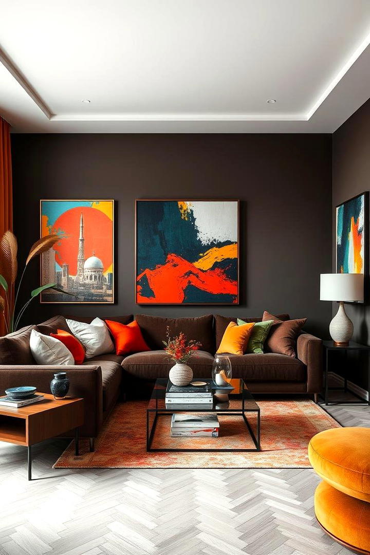 Artistic Touch with Statement Art - 30 Dark Brown Couch Living Room Ideas