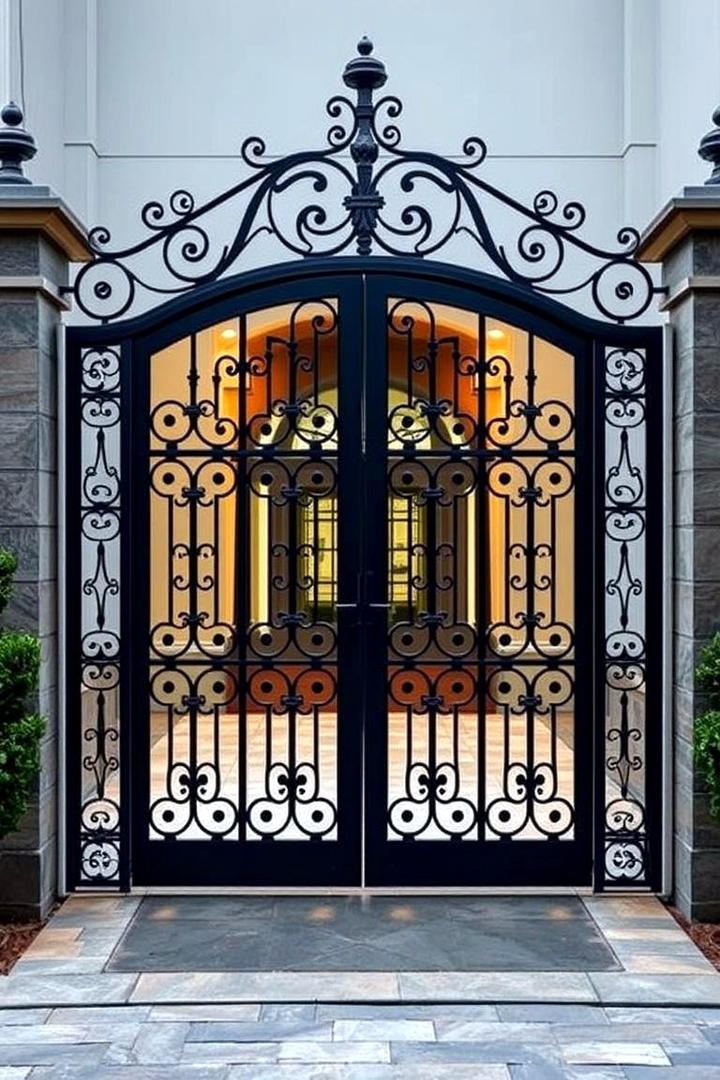 Artistic Wrought Iron and Glass Gate - 30 Front Gate Ideas