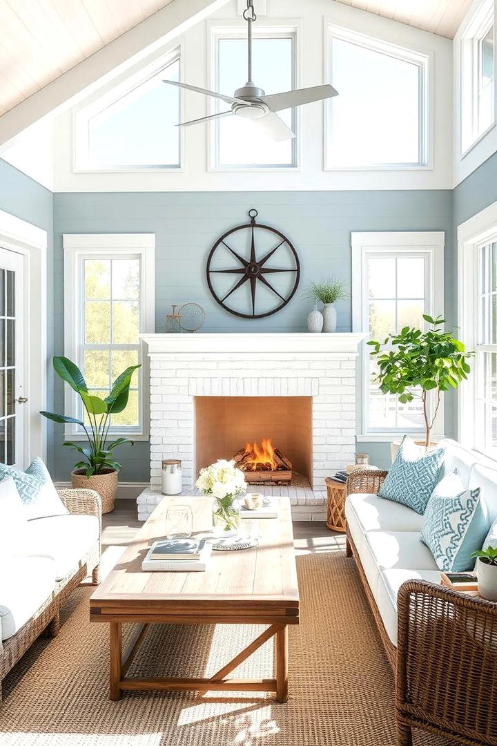 Beachside Sunroom with Nautical Fireplace Accent - 30 Sunroom With Fireplace