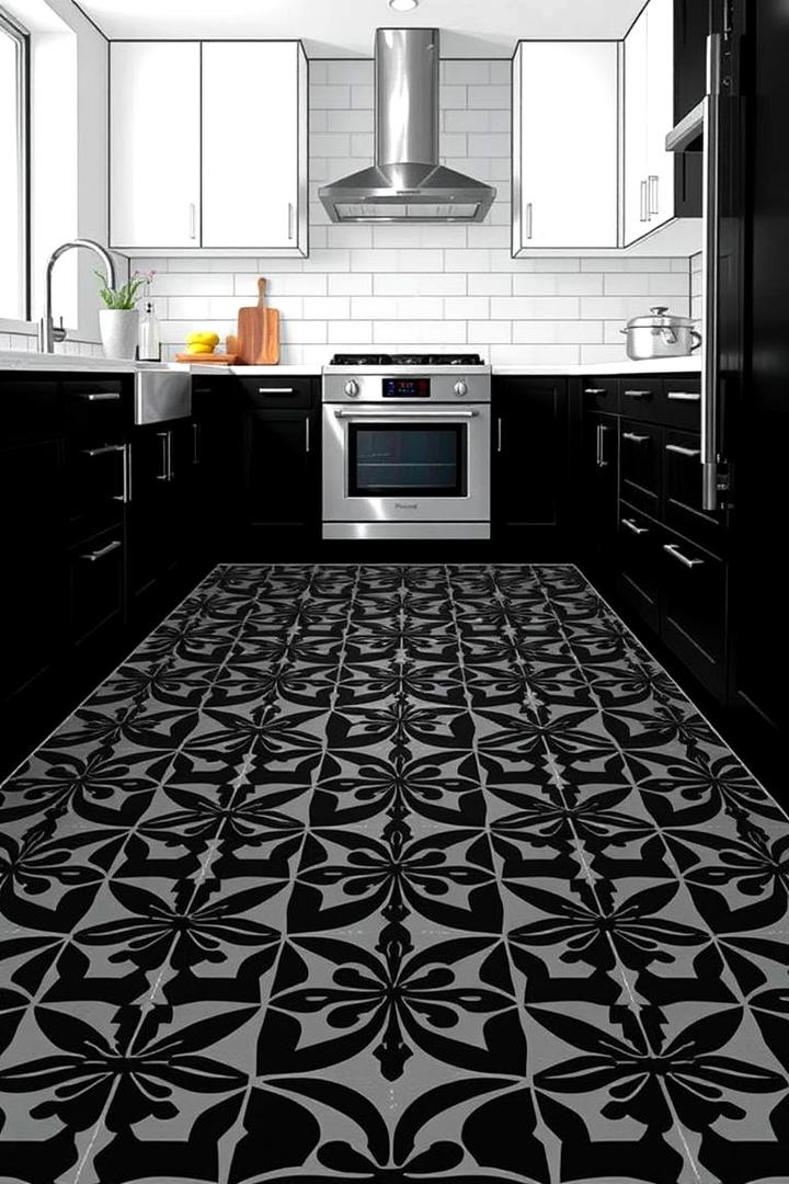 Black Geometric Pattern Floor - 30 Black Floor Kitchen Ideas