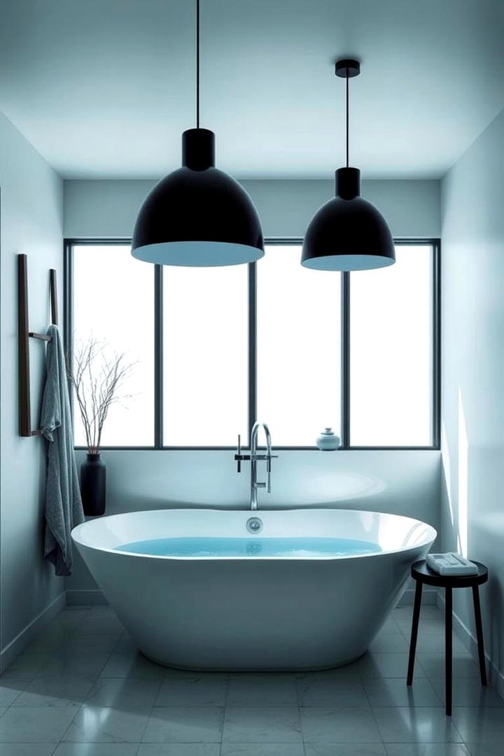 Black Pendant Lighting over a Blue Soaked Bath - 30 black and blue bathroom ideas