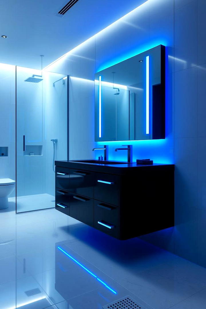 Black Vanity with Blue LED Lighting Highlights - 30 black and blue bathroom ideas