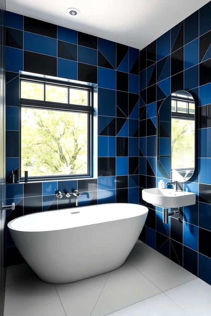 Black and Blue Geometric Patterns on Walls - 30 black and blue bathroom ideas