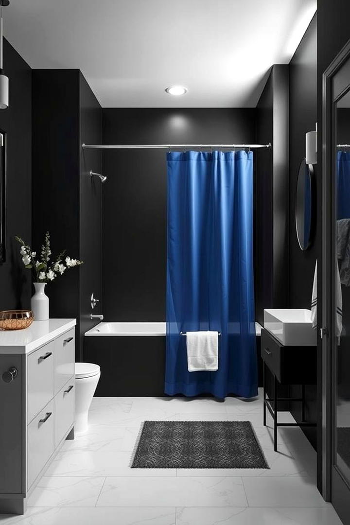 Blue Framed Shower Curtain against Black Walls - 30 black and blue bathroom ideas