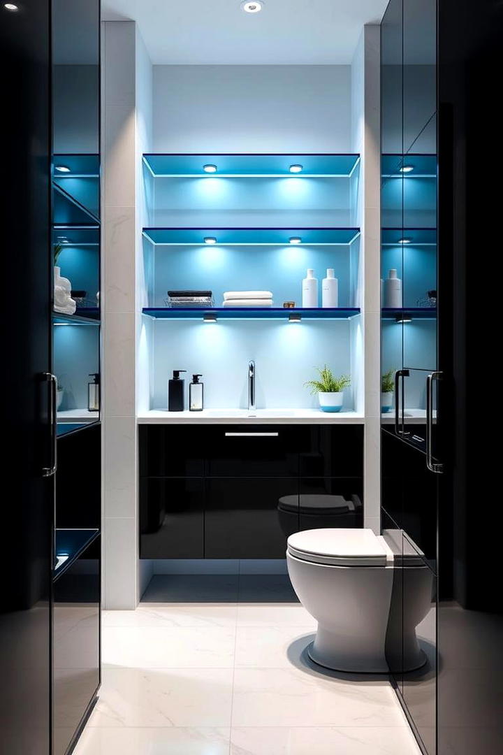 Blue Glass Shelves and Black Storage Units - 30 black and blue bathroom ideas