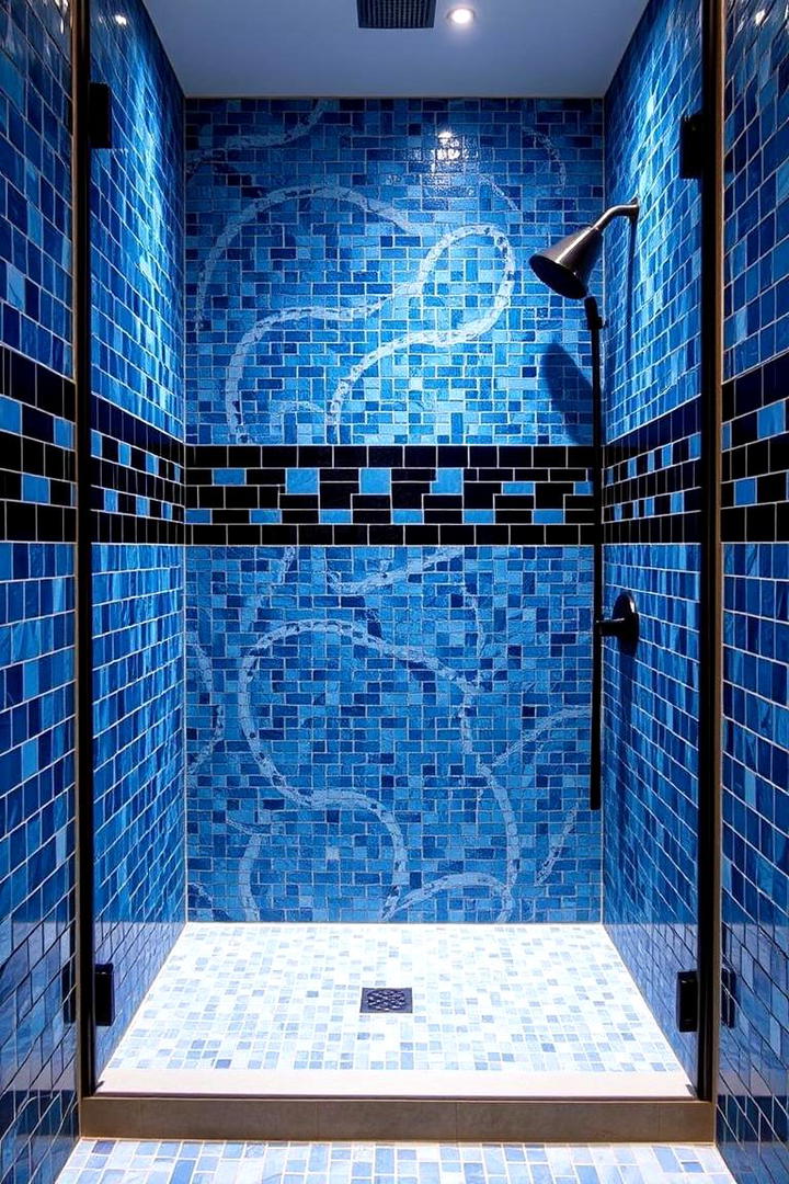 Blue Mosaic Shower Walls with Black Accents - 30 black and blue bathroom ideas