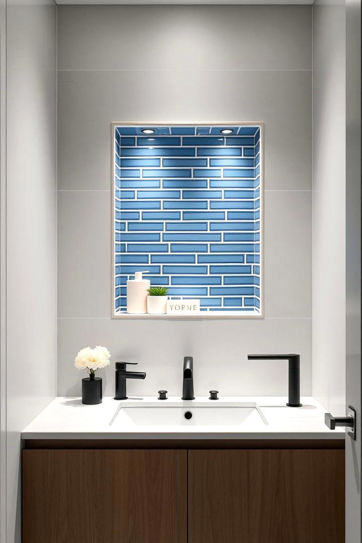 Blue Tiled Accent Niche with Black Fixtures - 30 black and blue bathroom ideas