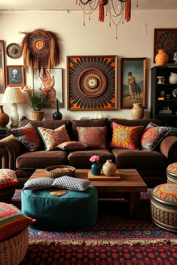 Bohemian Flair with Patterned Cushions - 30 Dark Brown Couch Living Room Ideas