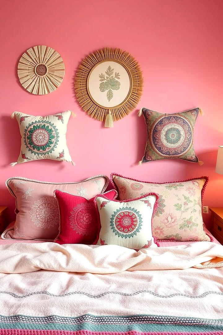 Boho Accent Pillows Ensemble - 30 Pink Boho Bedroom Ideas