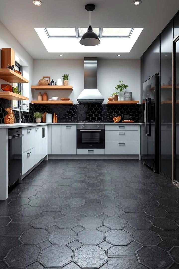 Bold Black Hexagonal Tiles - 30 Black Floor Kitchen Ideas