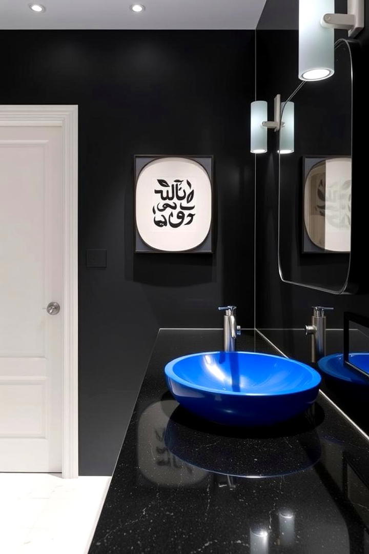 Bold Blue Sink with Black Counter and Fixtures - 30 black and blue bathroom ideas