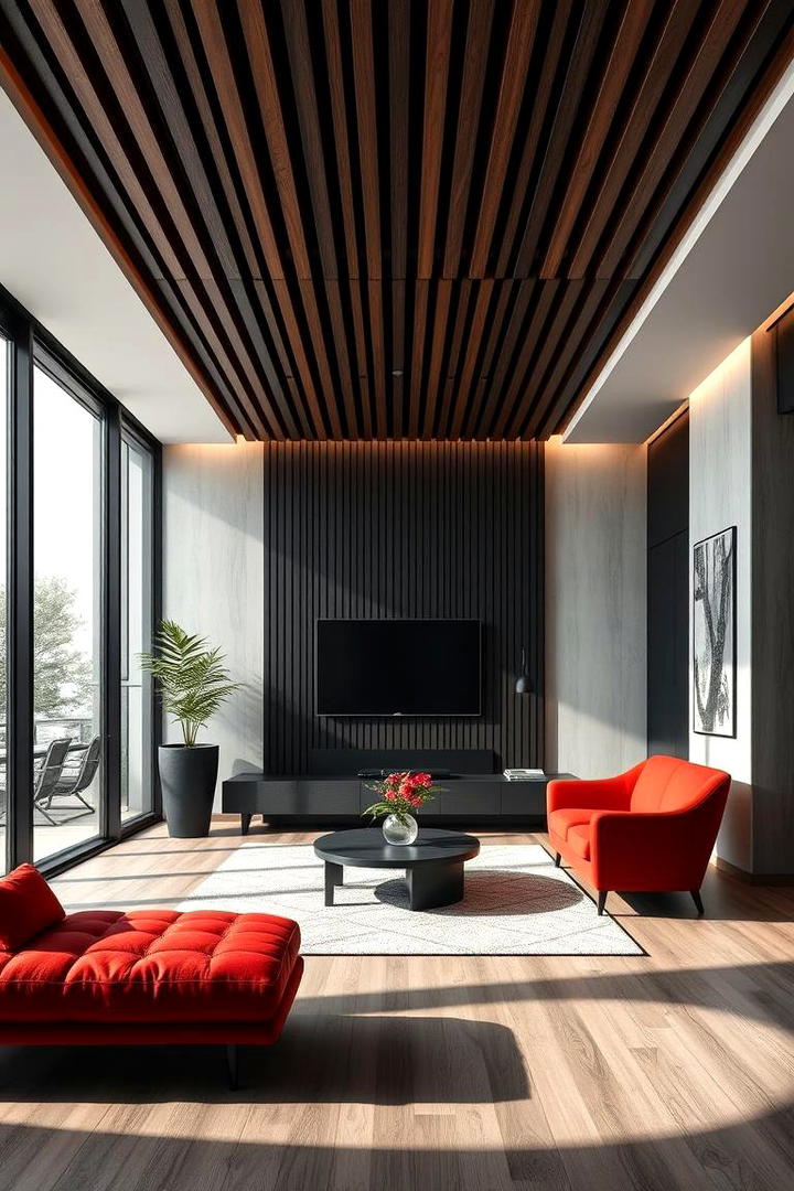 Bold Contrast Wood Slat Ceiling - 30 Wood Slat Ceiling Ideas