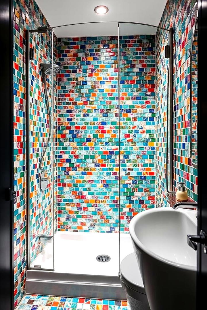 Bold Mosaic Tile Corner Shower - 30 Corner Shower Ideas