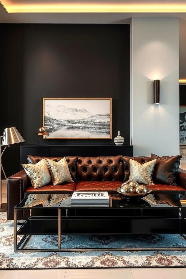 Bold Statement with Metallic Decor - 30 Dark Brown Couch Living Room Ideas