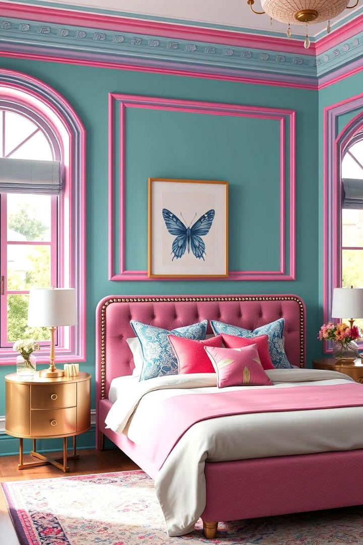 Bright Teal and Pink Trim Details - 30 Teal and Pink Bedroom Ideas