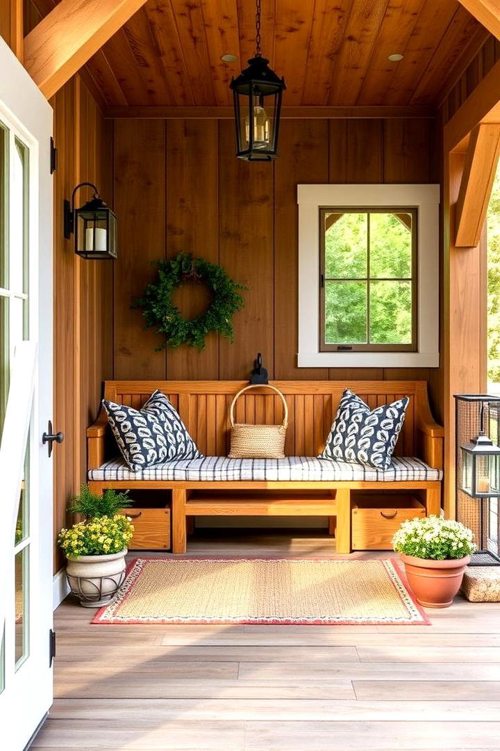 Built In Bench with Storage - 30 Barndominium Front Porch Ideas