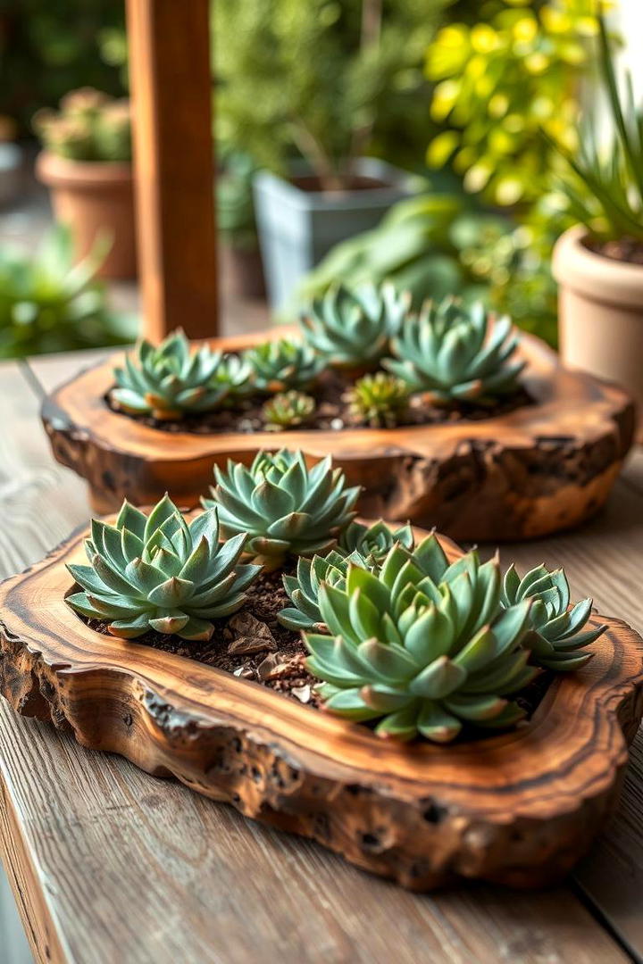 Carved Wooden Succulent Trays - 30 Outdoor Succulent Container Ideas