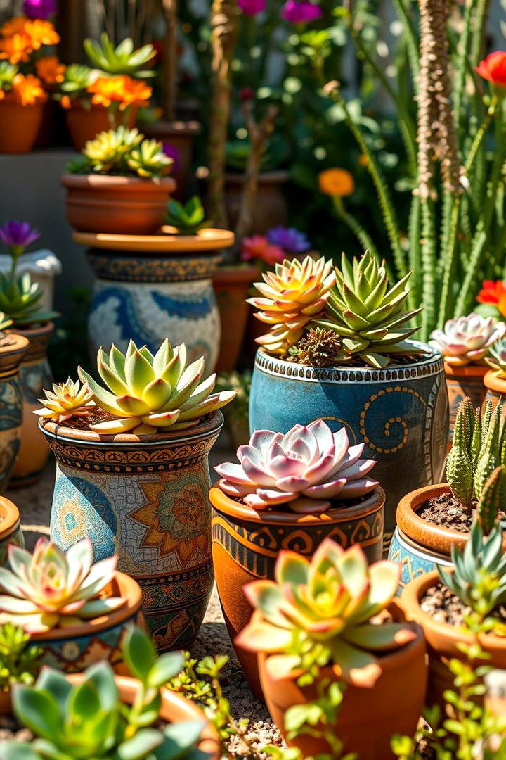 Ceramic Pot Display with Mosaic Accents - 30 Outdoor Succulent Container Ideas